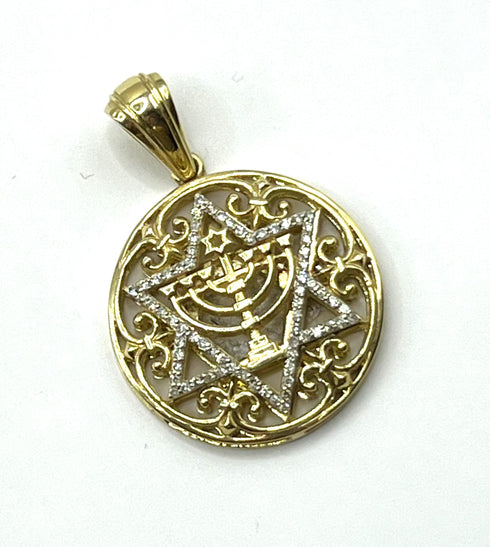 14K Gold & Diamond Star of David and Menorah Necklace